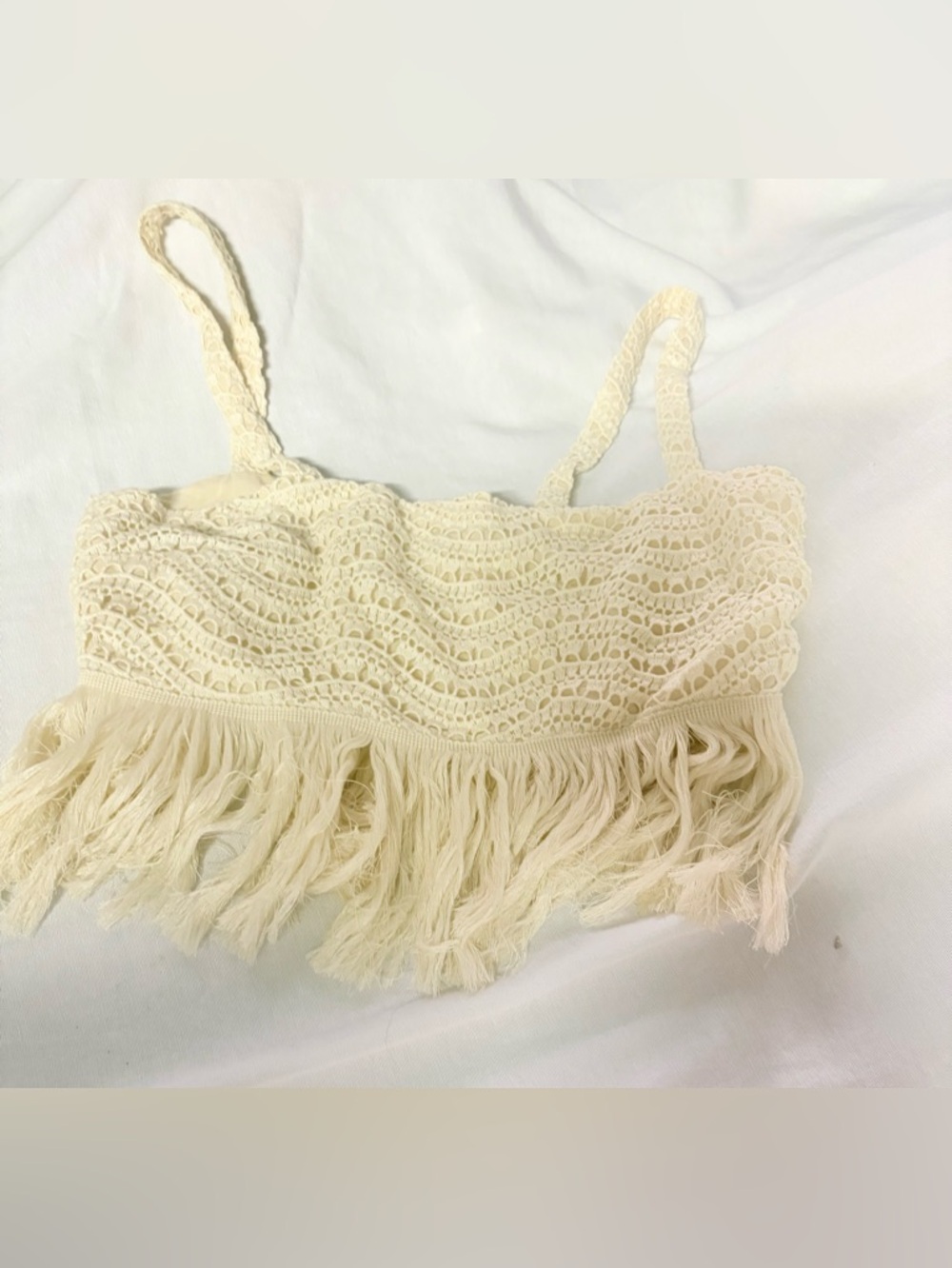 ANTONIO MELANI Cream Crochet Fringe Crop Top